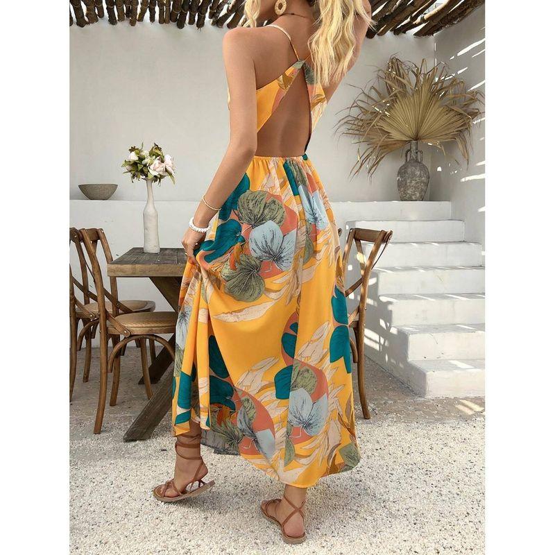 Fashion Large Flower Pattern Sexy Sexy Deep V Neck Fitted Waist Backless Split Sleeveless Sling Dress Long Dress Dress Dress