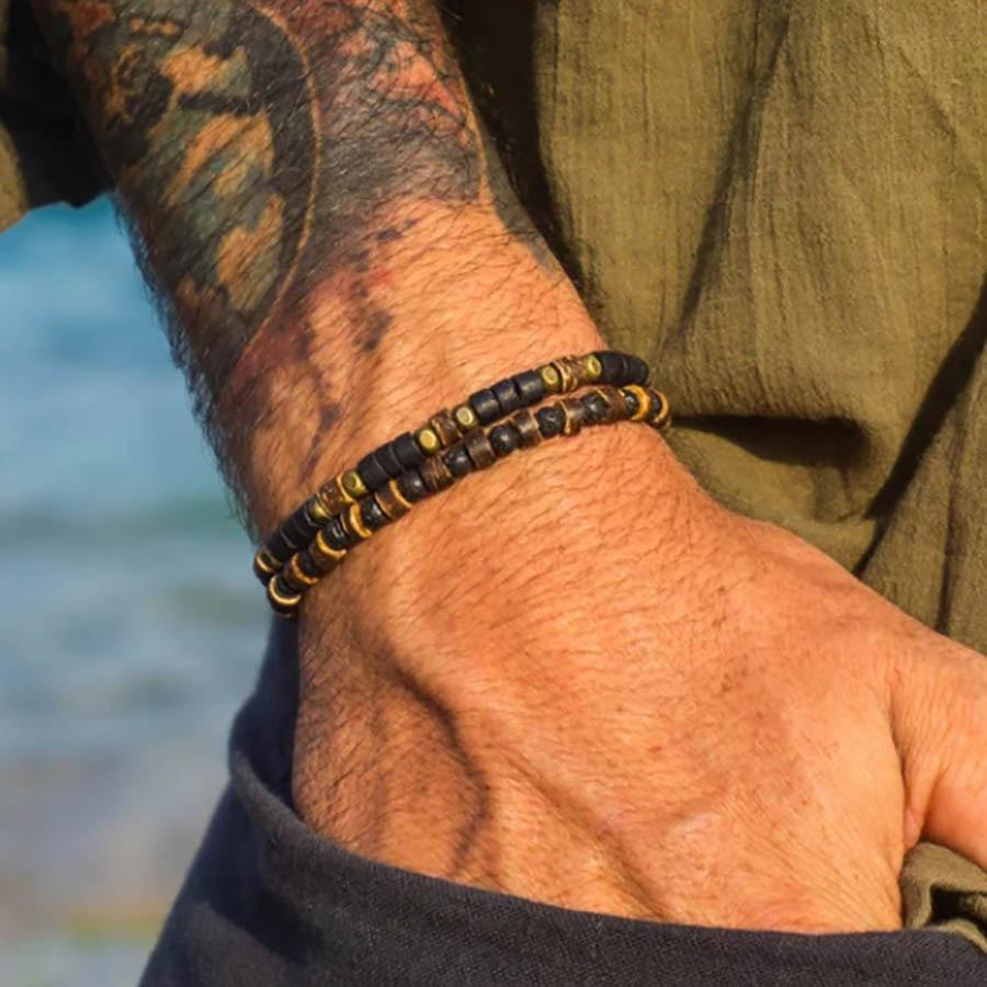 Multi-layer Stacked Bracelet Set, Retro Men's African Turquoise Wood Bead Bracelet.