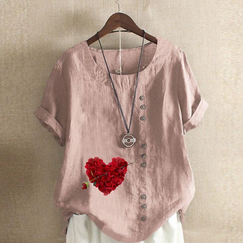 Women's Fashion Round Neck Short Sleeve T-shirt Casual Cotton Linen Graphic Shirt Leisure Loose Heart-shaped Prined Summer Blouse Tops