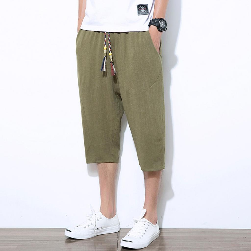Men's Casual Solid Color Cotton Linen Lightweight Comfortable Casual Shorts Cropped Pants