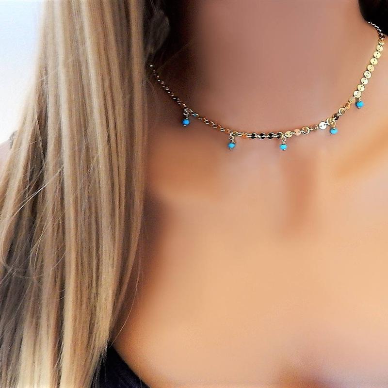 Fashion, Simple and Cold Style, Niche Fashion Accessories Women, Copper Sequined Turquoise Pendant Necklace