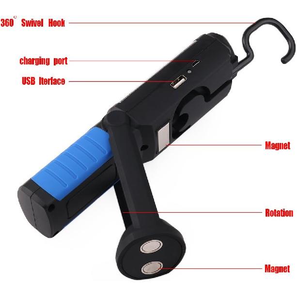 LED Work Light With Magnetic Base Rechargeable Handheld Flashlight LED Torches Lamp COB Cordless Inspection Lamp 2200mAh Battery For Outdoor Camping