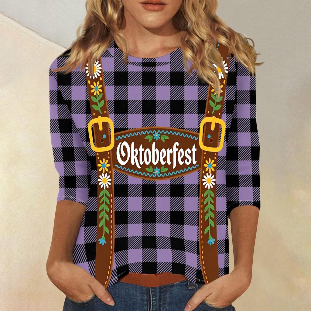 Women's Casual Plaid Three Quarter Sleeve Shirt Oktoberfest Print Round Neck Top Lightweight Soft Fabric Comfortable Fit
