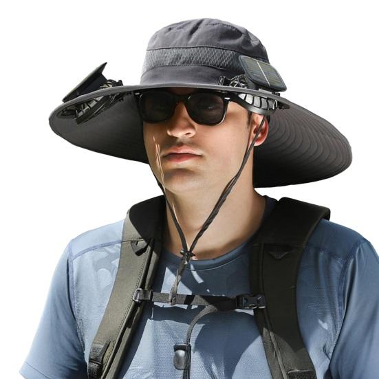 Fisherman Hat with Dual Brushless Cooling Forehead Neck Solar Fans UPF50 Anti-UV Fabric Wide Brim Adjustable