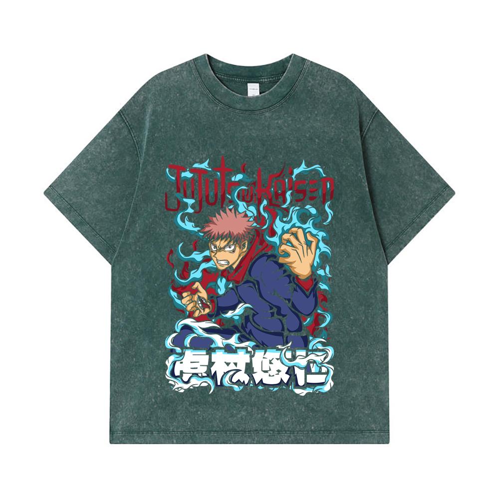 275 GSM Washed T-shirts 100% Cotton Jujutsu Kaisen V50 Yuji Print Unisex Heavy Cotton T Shirt