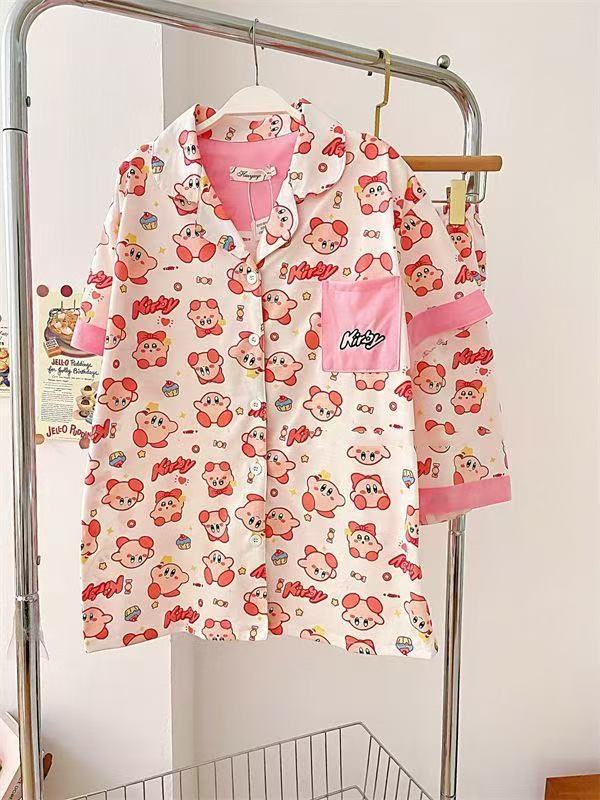 

Japanese princess style full of printed stars Kirby pajamas women s summer short-sleeved shorts cardigan two-piece girl loungewear S