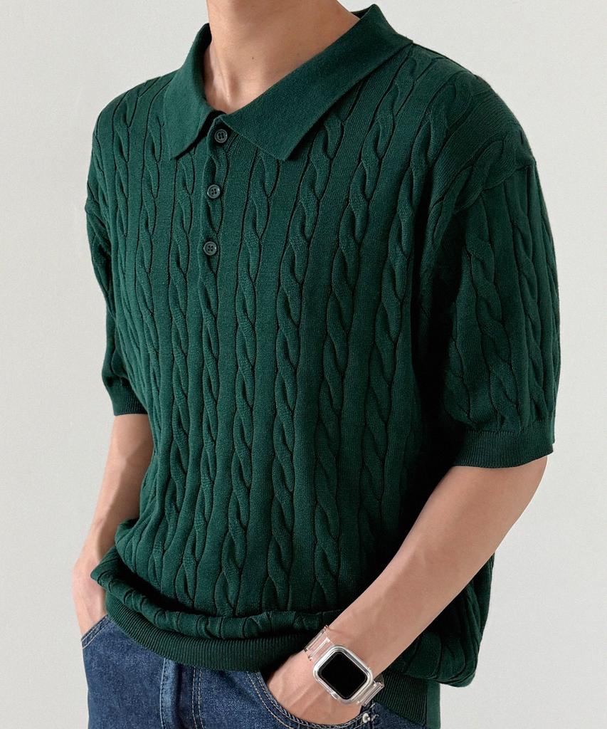 ORIGINALDAY Cotton Cable Short Sleeve Collared Knit Green