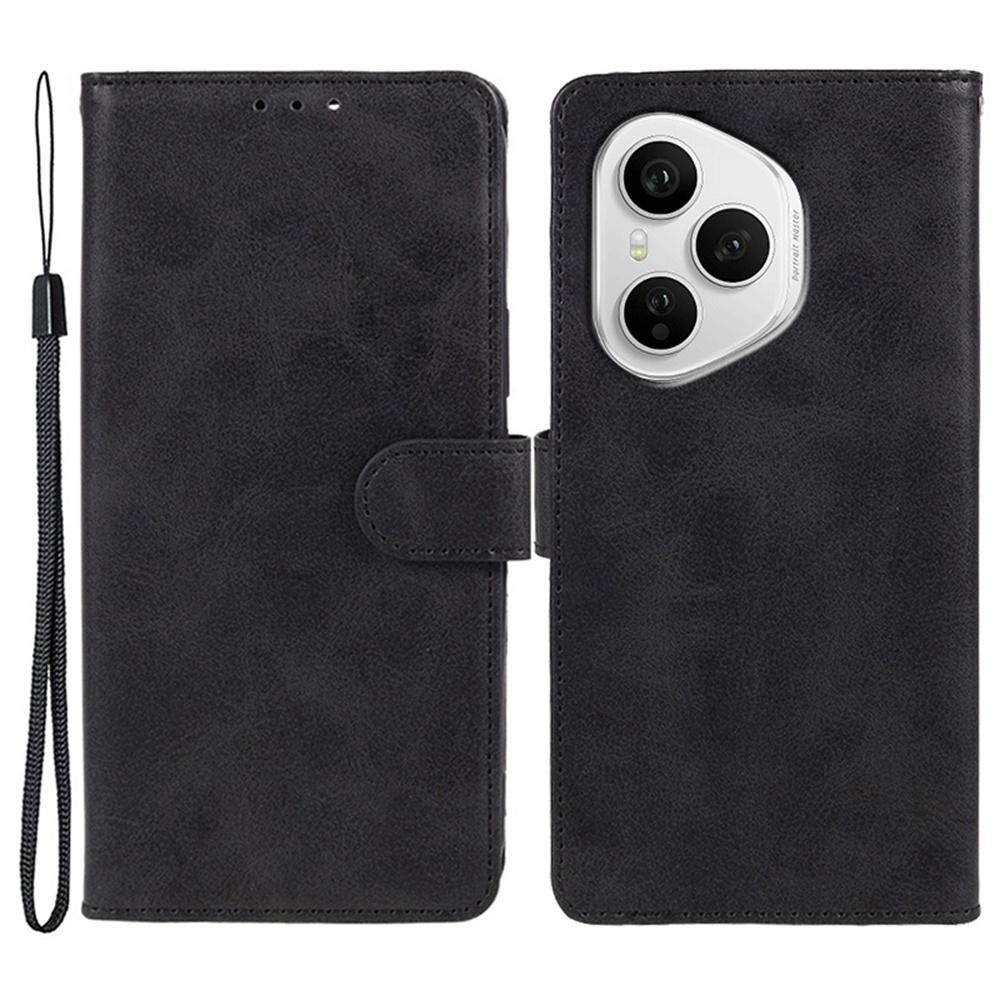 

For Honor 400 Pro 5G (Global) Case Calf Texture PU Leather Wallet Phone Cover with Wrist Strap Black