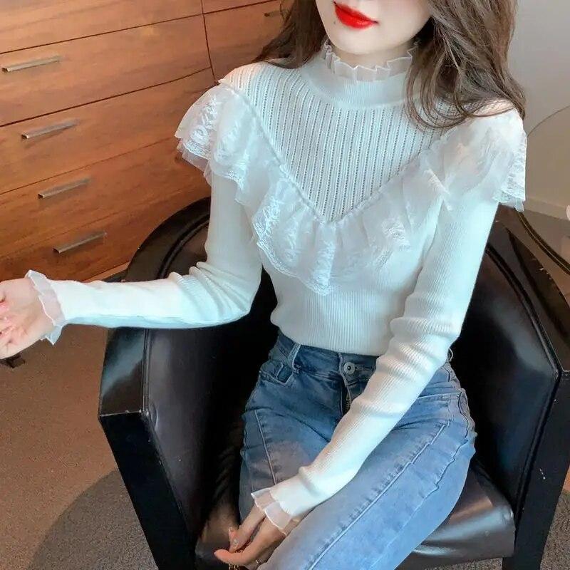 Half High Collar Bottoming Blouse for Women's Spring Autumn Winter New Pullovers Sweater Ruffle Edge Knitted Top