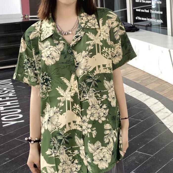Casual Loose Fit Shirt for Women - Short Sleeve Flower Printed Summer Top