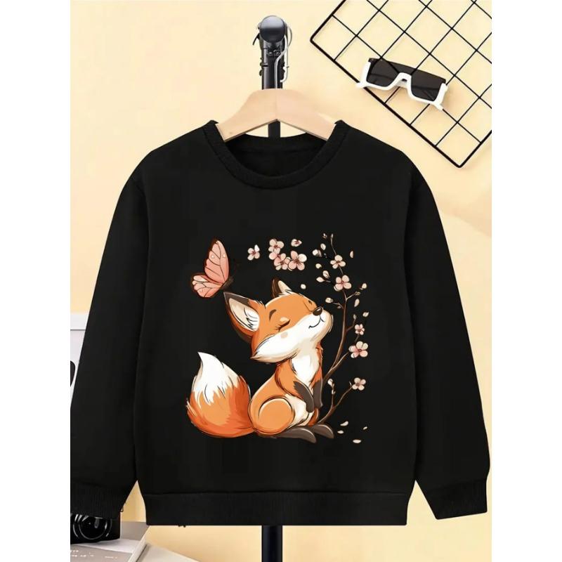 European sizes Cute Fox Cherry Blossom Butterfly Girls' Crewneck Sweatshirt, Western Top, Long Sleeved T-Shirt, Casual for Little Girls.