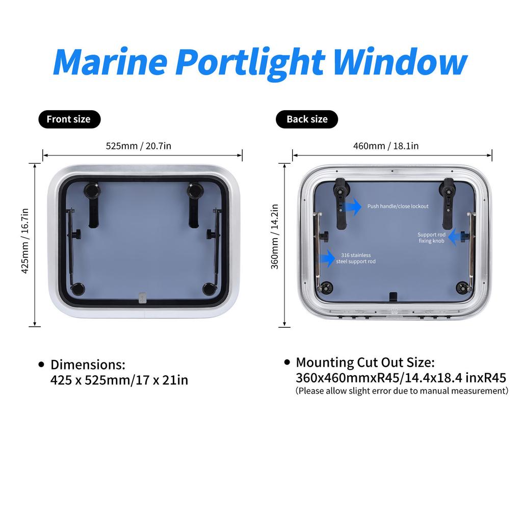 Marine Hatch Porthole Window 17 X 21in Square Heavy Duty Aluminum Alloy Deck Hatch Window with Support Rod and Handle for Yacht RV