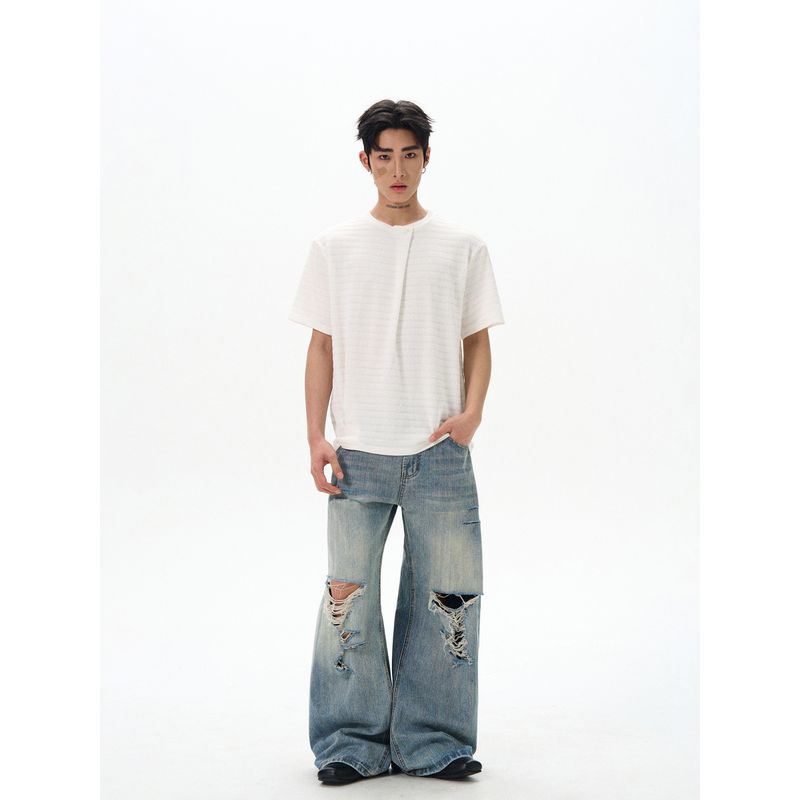 Kisko Simple American Old-Money Style Textured Diagonal Pleated Short-Sleeve T-Shirt for Men and Women New Cleanfit Casual T-Shirt