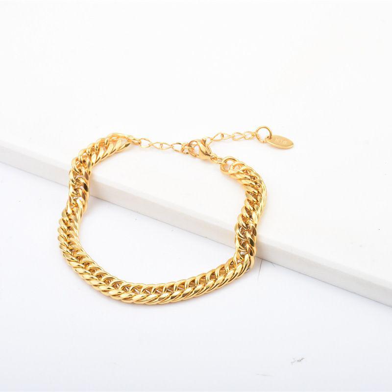 High-End Women's Fashion Woven Bracelet with Double Buckle, Square Chain, and Plain Chain in Gold Stainless Steel
