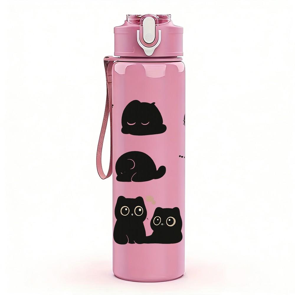 1PC Black Cat Face Repeat Pattern 750ml Color Plastic Sports Water Bottle Leakproof Flip Straw Lid Suitable for Sports Office Home Use