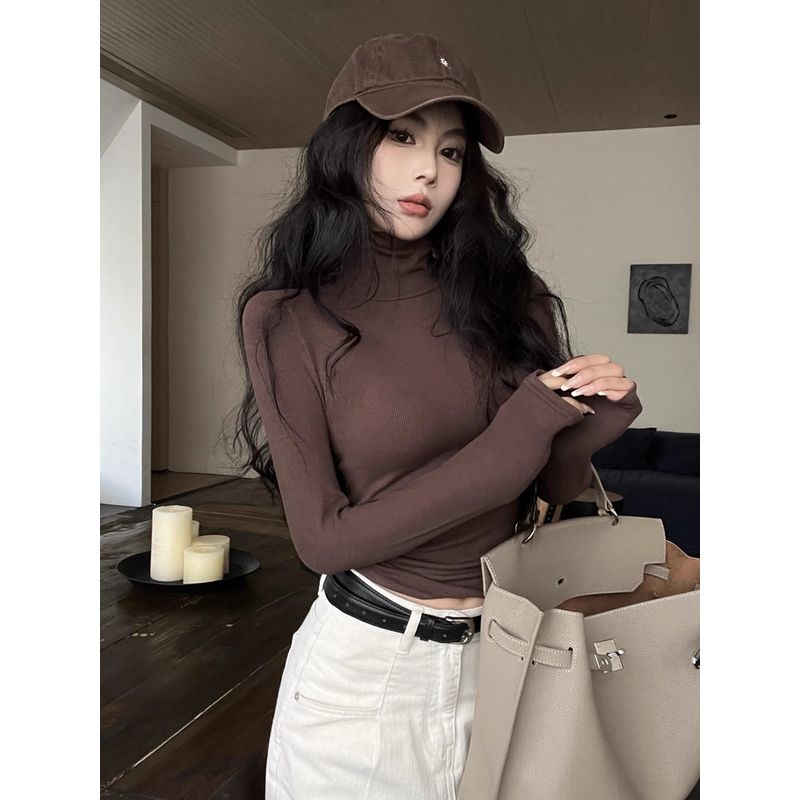 Black with High Collar Autumn and Winter Sexy Slim Fit Long-Sleeved T-shirt