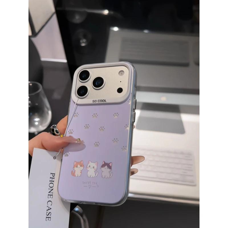 Cute three cats suitable for Apple 16 mobile phone case iPhone17Promax color silver IMD large hole 14Pro case