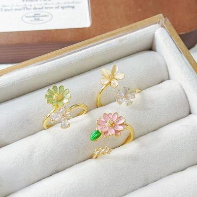 Medieval Vintage Enamel Zircon Flower Opening Ring Niche Design Light Luxury High Sense Ring Woman