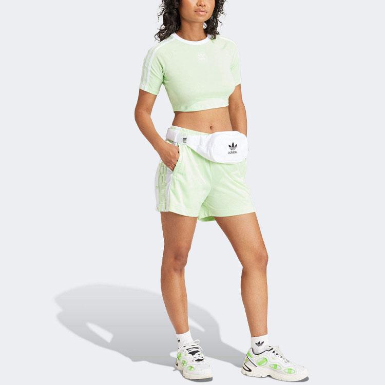 Adidas Originals Stripe Color Block Logo Round Neck Slim Fit Short Sleeve Cut Shoulder Tee Women Tops Green IP0659