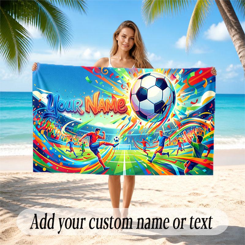 Soccer Theme Beach Towel Personalized Custom Name & Text Soft Quick Dry Beach Towel for Swimming Travel