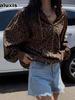 Vintage Leopard Muster Hoodie Cardigan, Street Style Lässiger Lockerer Langarm-Obermantel für Damen
