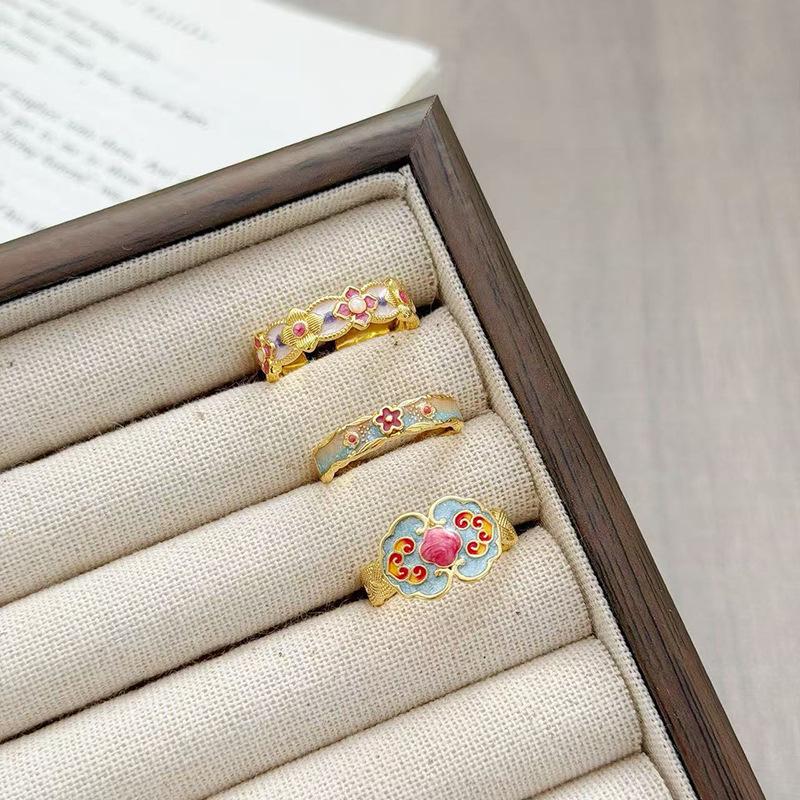 Styl Narodowy Emaliowany Kwiat Ruyi Otwierany Regulowany Pierścionek Damska Moda Lekki Luksusowy Styl Dworski Pierścionek
