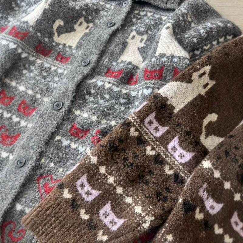 Unisex Retro Dzianinowy Kardigan Fair Isle z Kołnierzem Oversize Luźny Sweter z Mieszanki Wełny
