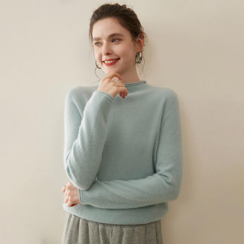 Women's Pure Cashmere Half-High Neck Sweater, Solid Color, Loose Long Sleeves, Autumn/Winter Collection.