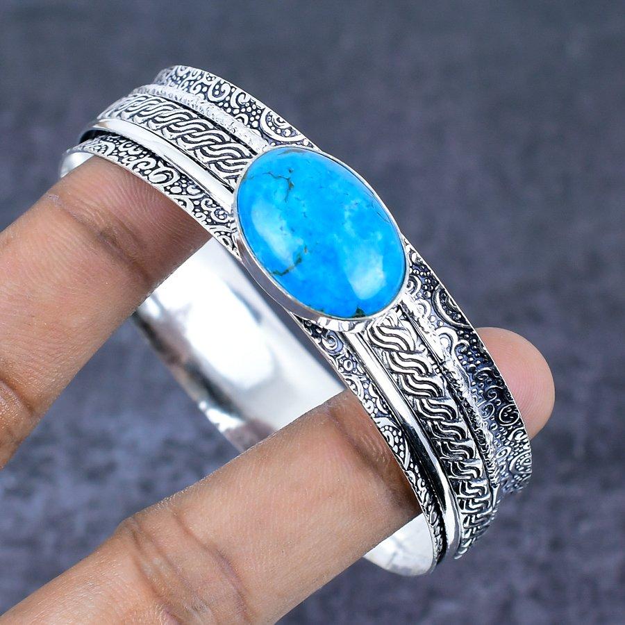 Tibetischer Türkis Edelstein Handgefertigt 925 Sterlingsilber Armreif 7,5" K3j78