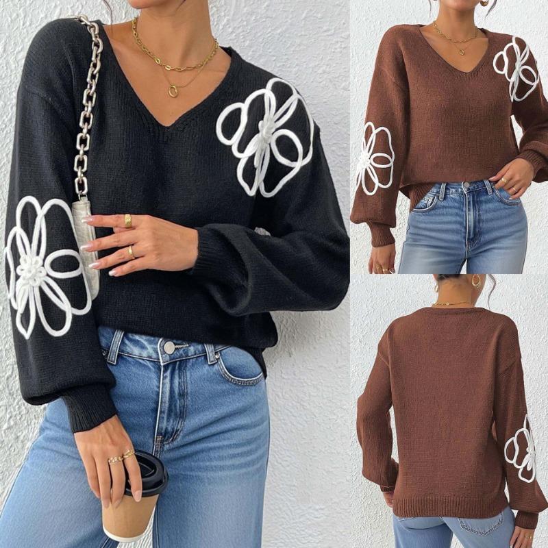 Women S V Neck Pullover Sweater With Flower Embroidery Casual Style