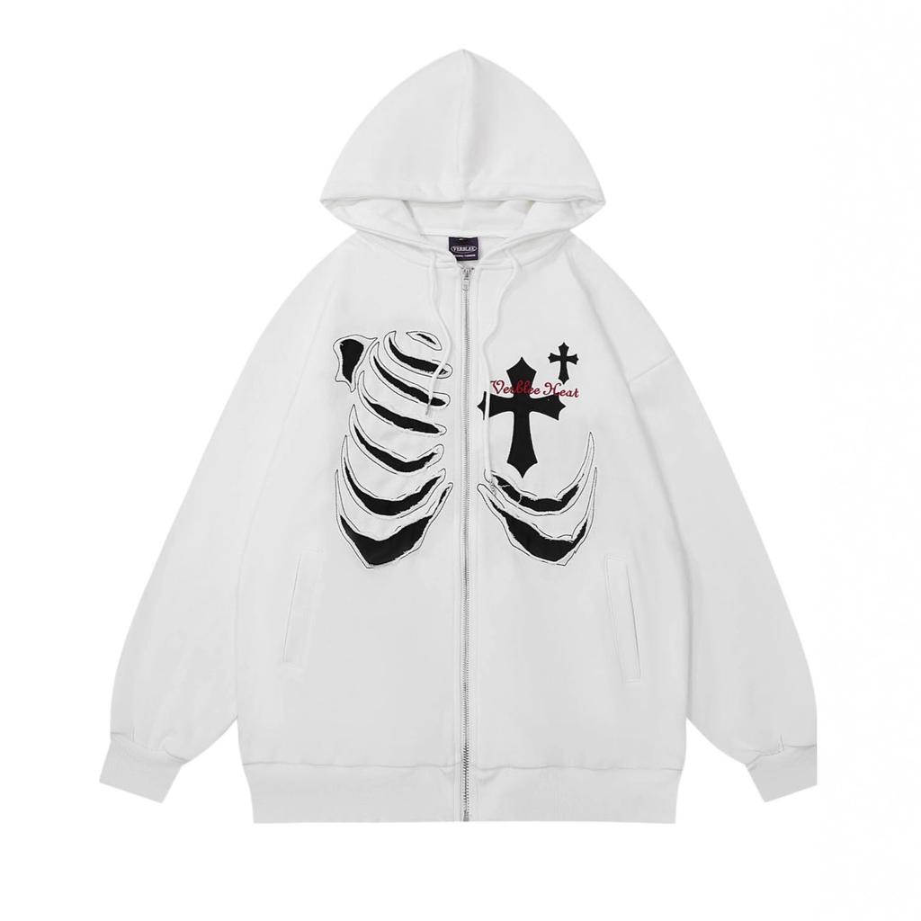 Harajuku Y2K Rib Cross, Autumn Women's Hooded Sweatshirt Zip Print Long Sleeve Loose Hoodie Jacket