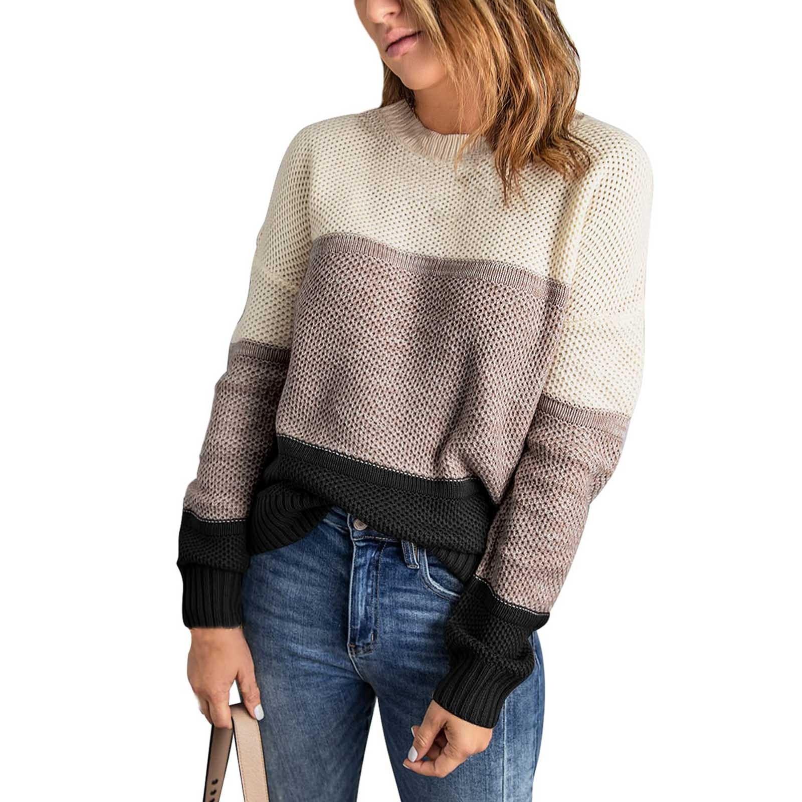 

Женский модный контрастный цветной пуловер с круглым вырезом и длинными рукавами, вязаный свитер L хаки