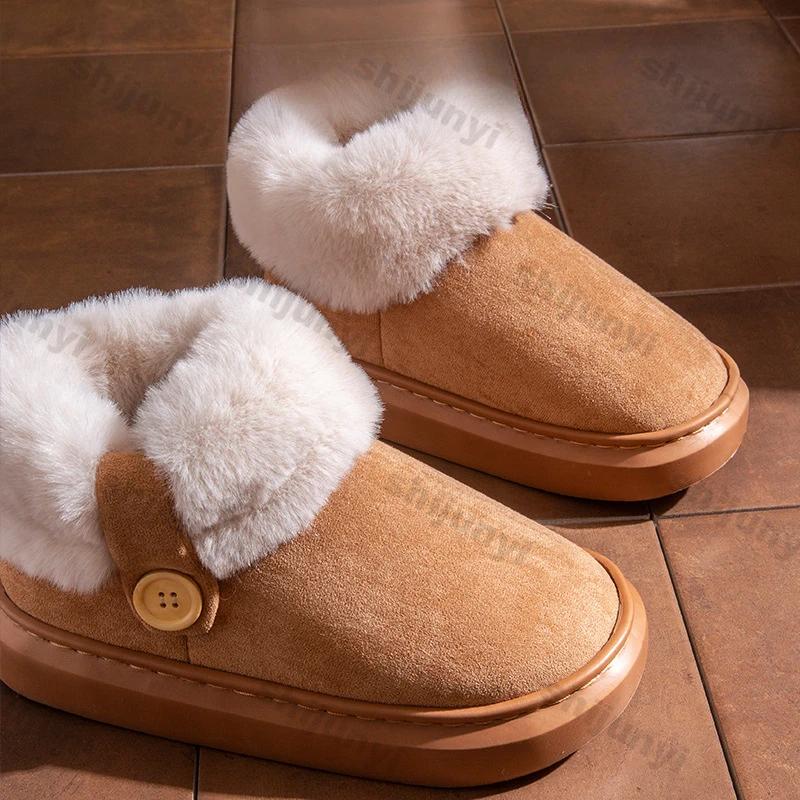 Módní dámské semišové teplé kotníkové sněhule dámské zimní platformové bavlněné pantofle venkovní plyšové silné podrážky ležérní vnitřní protiskluzové boty