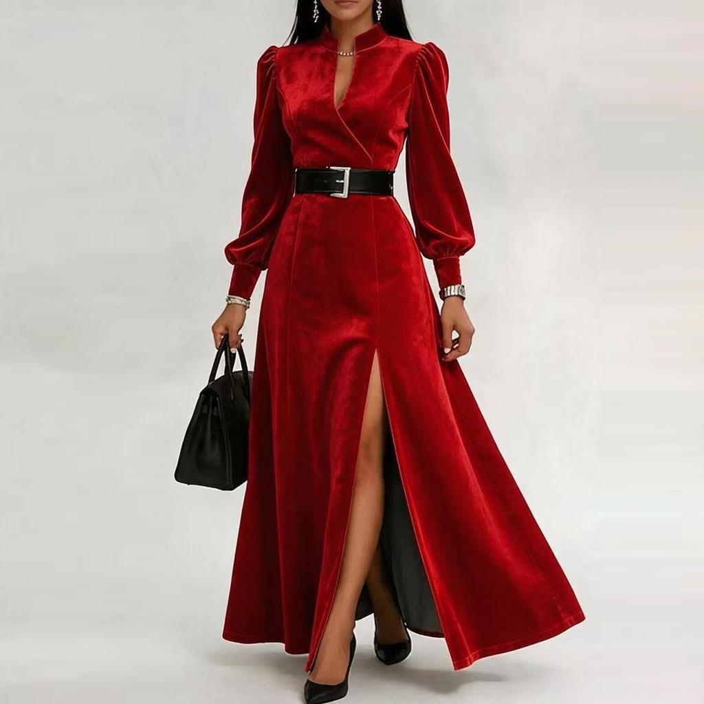 Women's Casual Fashion Velvet Dress Long Sleeve V-Neck Color for Daily Wear