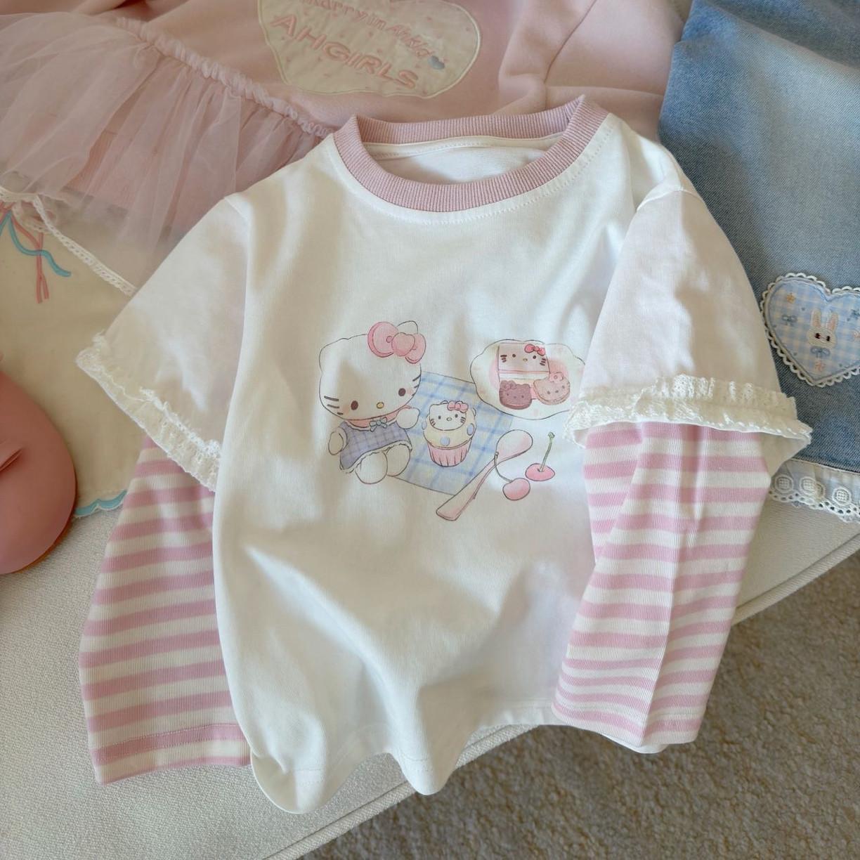 New Arrival 2026 Girls  Cat Print Long-Sleeve T-Shirt - Stylish Spring/Autumn Wear for Baby Girls 90 розовый