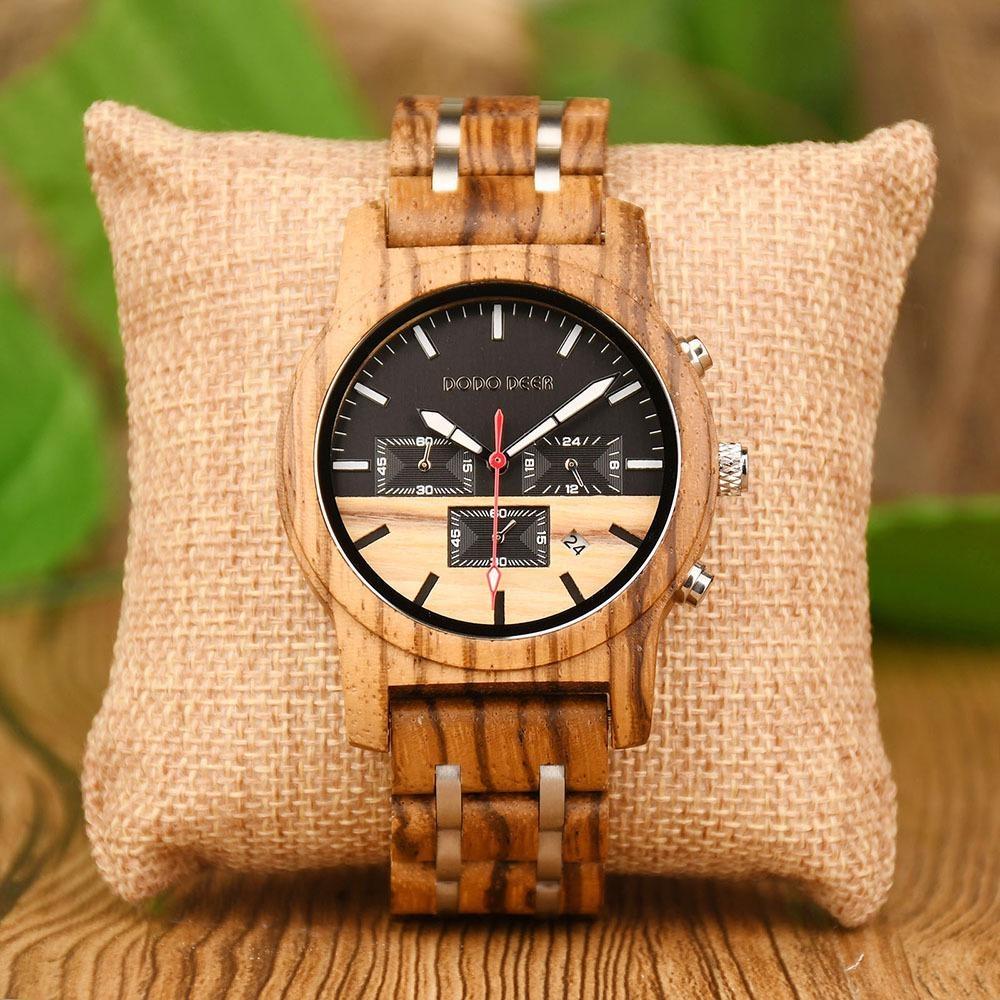 Wood Watch Multifunctional Luminous Calendar Chronograph 3-sub Dials Wooden Quartz Wristwatch Gift