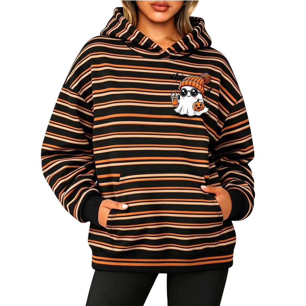 Women's Long Sleeve Striped Print Pullover Hoodie Sweatshirt with Pockets for Halloween