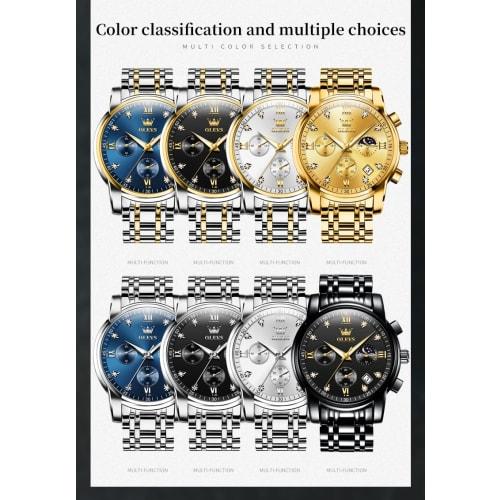 OLEVS Watch for Men Moon Phase Timer Quartz Stainless Steel Band Simple Fashion Waterproof Luminous Date Watch for men Blue