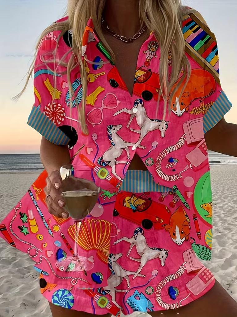 Linglong hemp European and American personality bright digital printing new casual summer top women's suit two-piece set