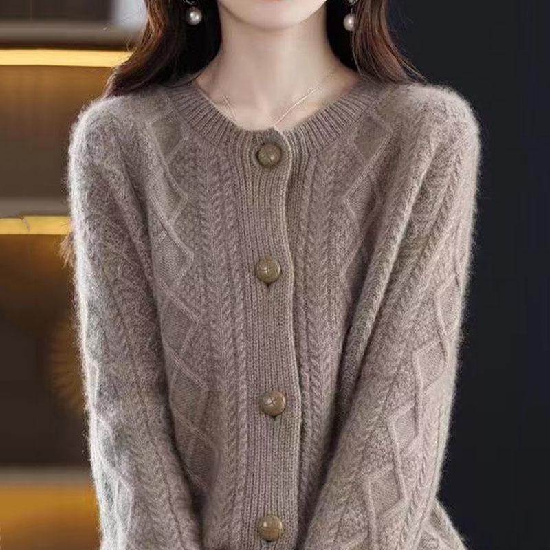 Elegant Diamond Buckle Knit Cardigan for Women - Autumn/Winter Loose Fit 