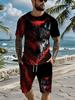 Summer Men Wolf Head Print Short Sleeve Set Breathable Outdoor Streetwear