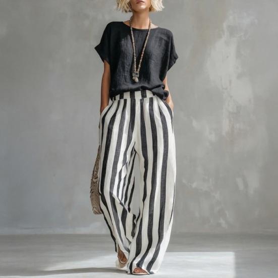 Summer 2 Piece Sets for Women Short Sleeve Crew Neck Top And Wide Leg Pants Sets Casual Striped Loungewear Outfits