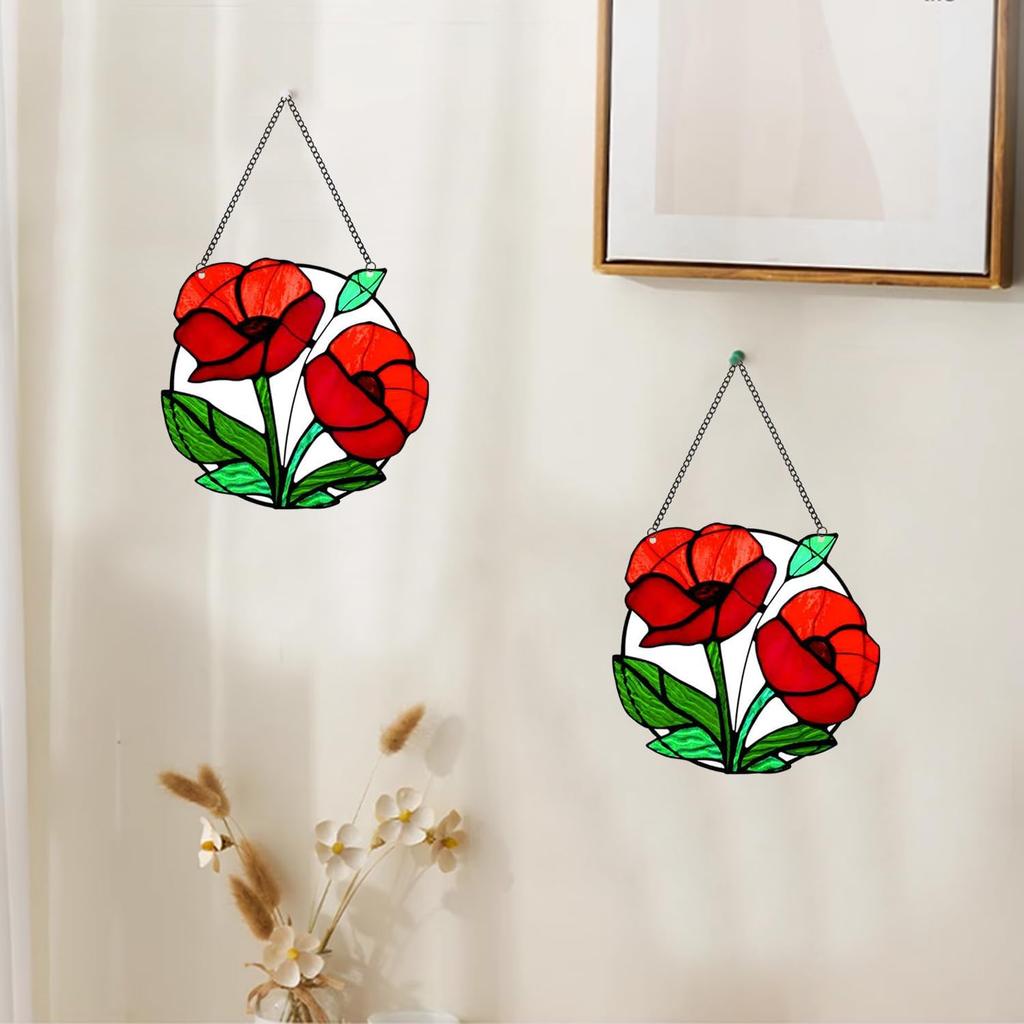Red Flowers Stained Acrylic Window Hanging, Red Poppy Acrylic Window Decor Stained Panel Hangings Wall Art Decor for Easter All Seasons Home