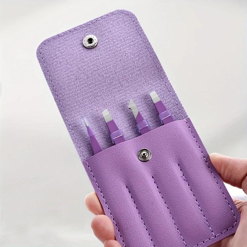 4-piece Stainless Steel Eyebrow Tweezers Purple Set Makeup Tools for Eyelash Extension, Eyebrow Shaping, Hair Removal