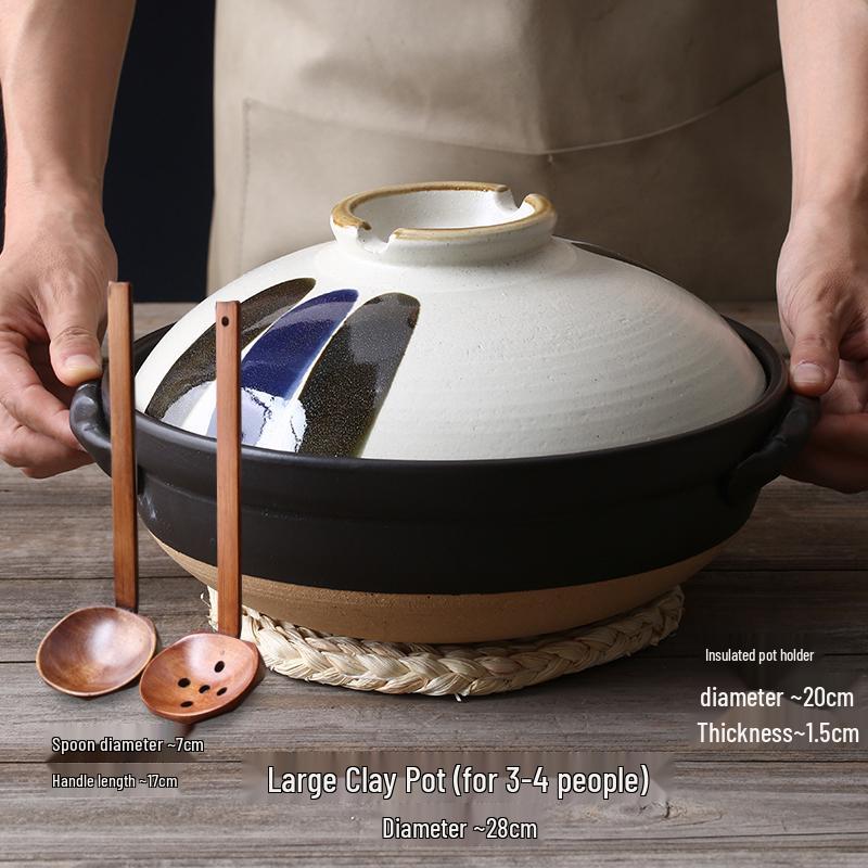 Japanse Keramische Kleipot: Multi-Use Stoofpot, Rijstkoker, Gas- en Inductiekookplaat - Kleine Maat Steen en Platte Pan voor Soepen.