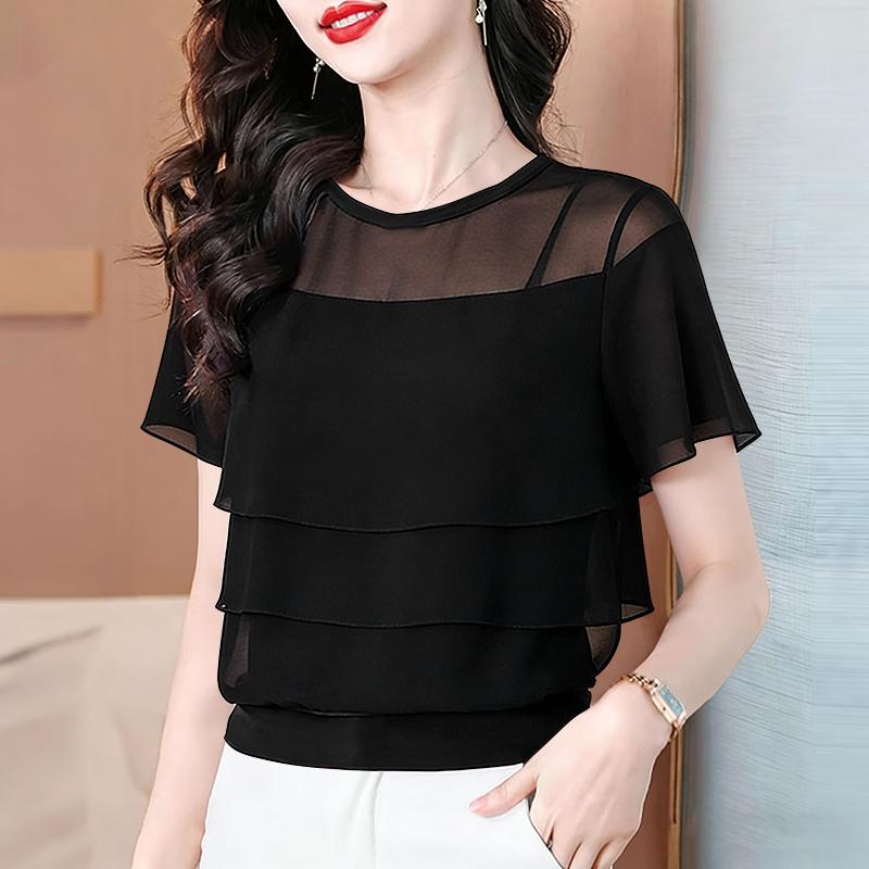 ZANZEA Women Casual Sheer Mesh Splice Round Neck Short Sleeve Blouse
