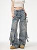 Unisex Multi-Pocket Wide Leg Ripped Denim Jeans - Trendy American High Street Style