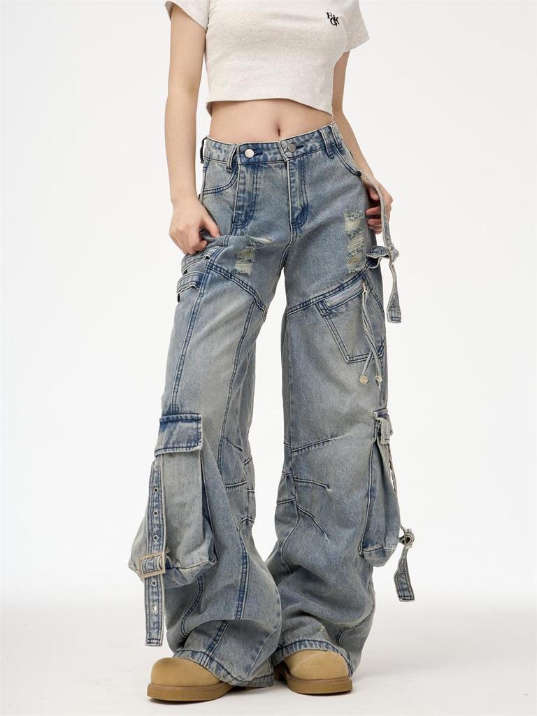 Unisex Multi-Pocket Wide Leg Ripped Denim Jeans - Trendy American High Street Style