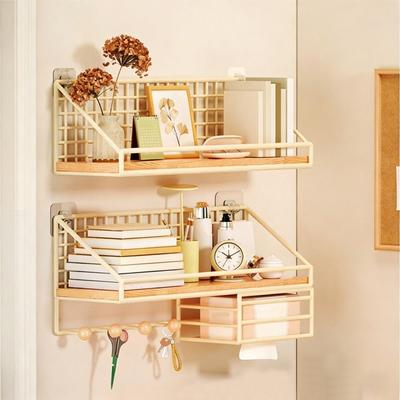 Without Drilling Metal Wood Wall Shelf Multi-Layer Open Grid Floating Wall Shelves Minimalist Style Hanging Organizer Dormitory