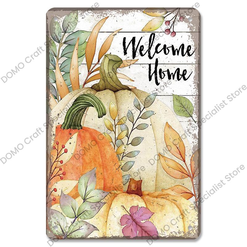 Welcome Poster Metal Plate Vintage Pumpkin Sunflower Bird Metal Tin Signs Wall Decor Garden Door Cafe Party